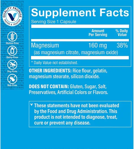 Vista 2 de The Vitamin Shoppe Citrato de magnesio 160 mg - Relajación muscular, salud ósea y producción de energía, altamente absorbible (300 cápsulas)