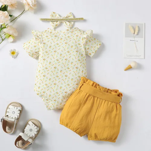 Vista 6 de Mioglrie Conjunto de ropa para bebé recién nacida, conjunto de pantalones cortos, lindos trajes de verano para bebés, ropa de bebé de algodón