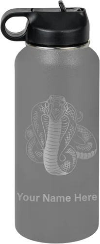 Vista 50 de LaserGram Botella de agua personalizada, serpiente de cobra, acero inoxidable de doble pared aislada al vacío con popote superior, regalo grabado