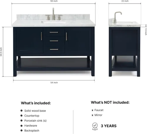 Vista 2 de ARIEL Bayhill - Tocador de baño con lavabo de 54 pulgadas, madera maciza, encimera de mármol italiano de Carrara de 1.5 pulgadas, fregadero Azul