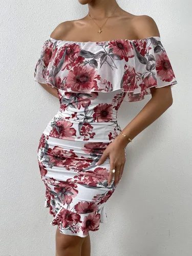 Vista 5 de Vestidos para mujer, vestidos para mujer, vestidos con estampado floral, hombros descubiertos, ribete con volantes, vestidos ajustados
