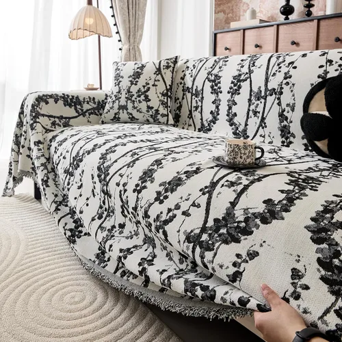 Vista 3 de DREAMINGO Funda de sofá decorativa de chenilla con diseño floral de granja Rama Botánica Negro
