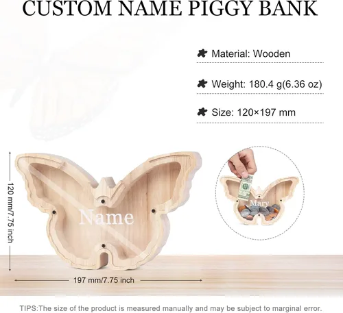 Vista 2 de Alcancía de madera personalizada con diseño de dinosaurio grabado con nombre grabado, caja de dinero para Navidad, cumpleaños, regalo divertido