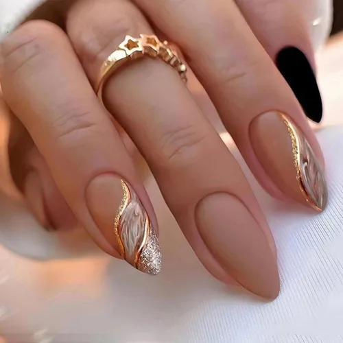 Vista 14 de Uñas postizas cortas de almendra a presión con punta francesa morada, uñas falsas ovaladas con diseños de ondas y diamantes de imitación, uñas
