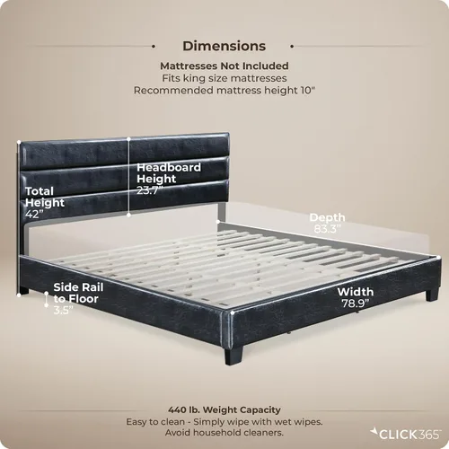 Vista 3 de Click365 Hudson - Base de cama de plataforma tamaño King, cama tapizada de piel sintética negra con cabecera copetuda, soporte de listones de Cuero