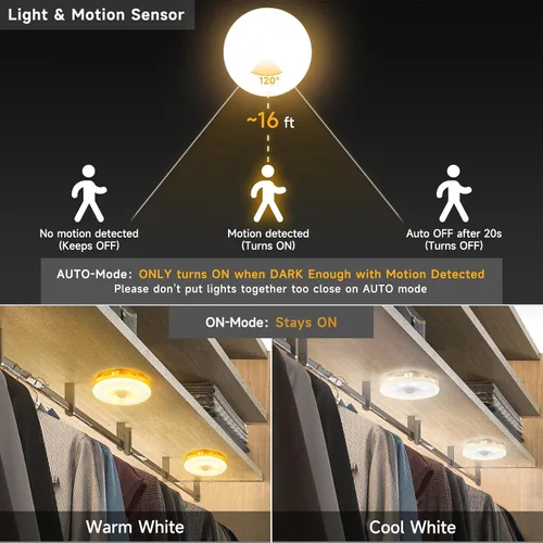 Vista 3 de Luz LED con sensor de movimiento mejorada para interiores, brillante y duradera Rechargeable Battery, Stick-On Motion Sensor Puck Night Lights for
