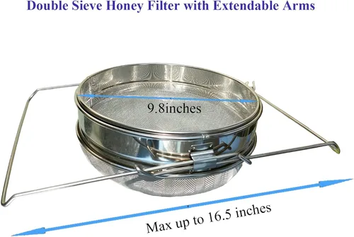 Vista 3 de Colador de miel para cubo de 5 galones de acero inoxidable doble tamiz filtro de miel para miel limpia con brazos extensibles de hasta 16.5 pulgadas