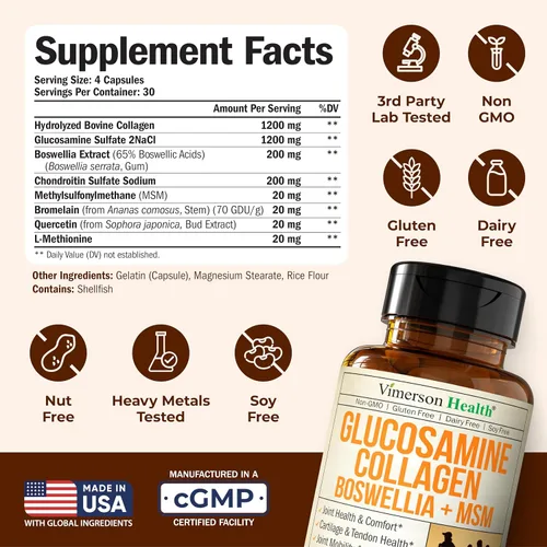 Vista 3 de Glucosamina Condroitina MSM con Péptidos de Colágeno Hidrolizado - Suplemento para el Apoyo Articular con Quercetina, Bromelaína y Extracto