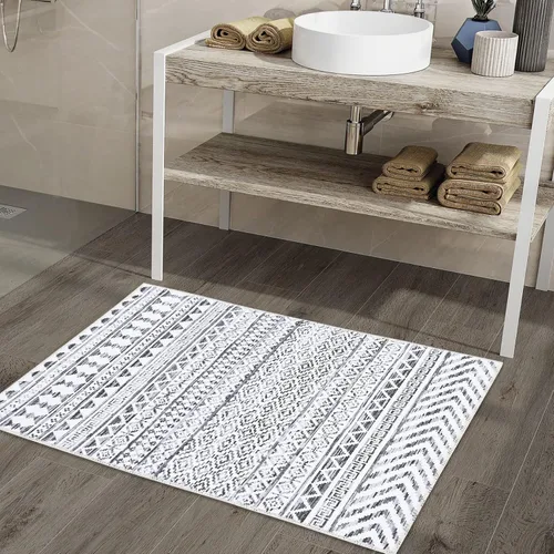 Vista 17 de Fashionwu Alfombra redonda geométrica gris de 4 pies, lavable a máquina, antideslizante, estilo moderno, tamaño adulto