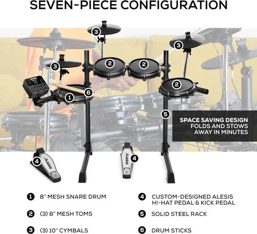 Vista 3 de Kit Alesis Turbo Mesh – Set de batería eléctrica con más de 100 sonidos, almohadillas de tambor de malla silenciosas, baquetas, cables de conexión
