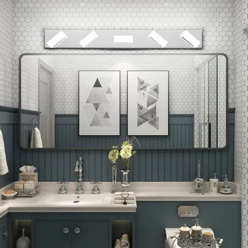 Vista 3 de Aipsun Moderna lámpara de tocador de baño cromada LED para baño, acero inoxidable, 5 luces, iluminación de pared de baño, 6000 K
