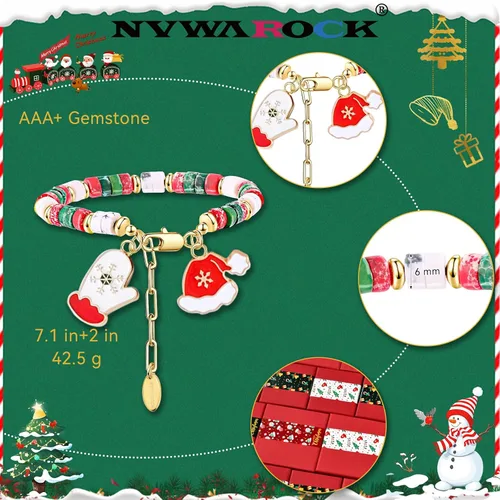 Vista 2 de NVWAROCK Pulsera de cuentas de Navidad, chapada en oro de 14 quilates, apilable, de piedra natural, para mujeres y niñas