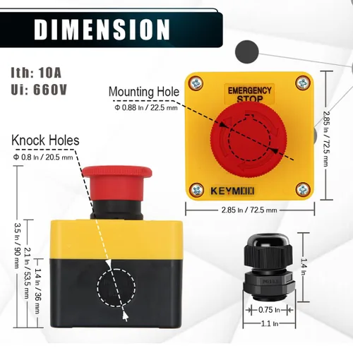 Vista 3 de Interruptor de botón de parada de emergencia, 1NC 10A 660V con caja impermeable IP65, 2 conectores negros PG13.5 (1)