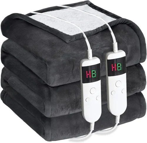 Vista 12 de Manta térmica eléctrica de 50 x 60 pulgadas, manta eléctrica de franela suave y sherpa con 10 niveles de calefacción, se apaga automáticamente
