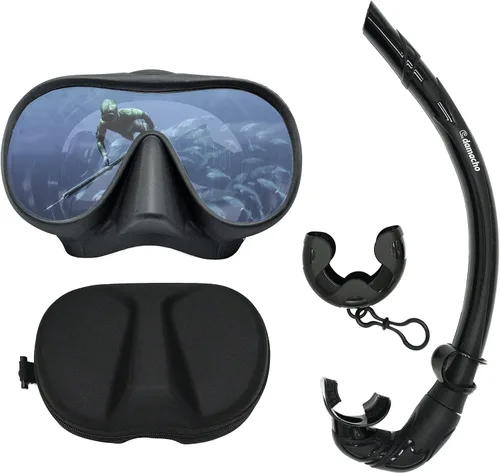 Vista 6 de Juego de máscara de buceo de gran angular HD y esnórquel de viaje, sin marco, vidrio templado, silicona suave de calidad, antivaho, resistente a