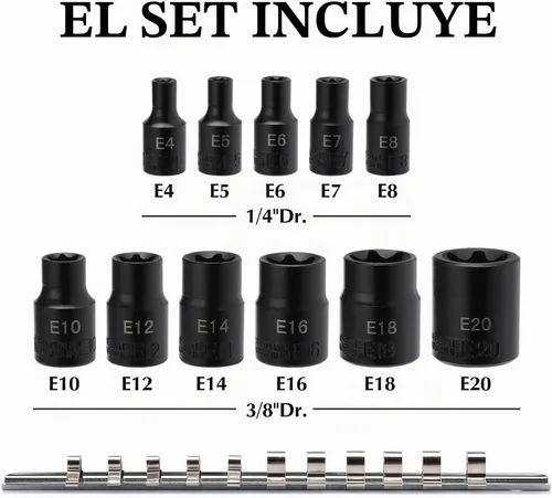 Vista 2 de EMENTOL Juego de llaves de vaso E-Torx con riel, CR-V, 1/4" y 3/8" Drive, hembra Torx Star Socket Set, E4 - E20