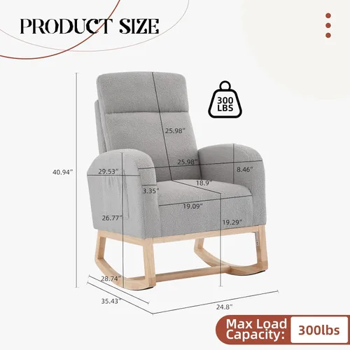 Vista 3 de Takywep Mecedora para guardería con patas de madera maciza, mecedora para guardería con dos bolsillos laterales, sillón mecedor para sala de estar