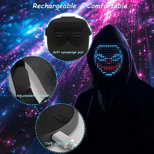 Vista 7 de JDBMAOYE Máscara LED, Máscara Iluminada con Detección de Gestos, Máscara LED para Disfraz de Halloween, Mascarada, Fiesta de Cosplay 50 patrones