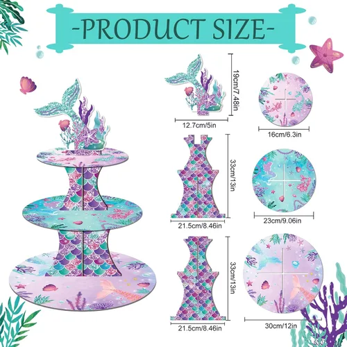 Vista 3 de Soporte para cupcakes de sirena, 3 niveles con 12 adornos Bajo el tema del mar, decoraciones de fiesta de cumpleaños para niñas, suministros