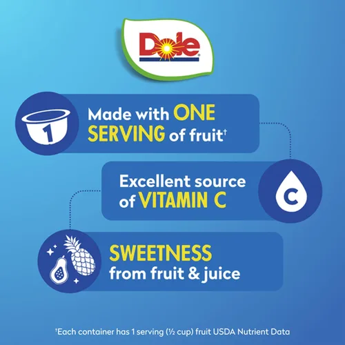 Vista 3 de Dole Cuencos de Fruta Fruta Tropical en Jugo 100%, Aperitivos de 4oz, 36 Tazas en Total, Sin Gluten y Sin Lácteos, Aperitivos de Almuerzo a Granel