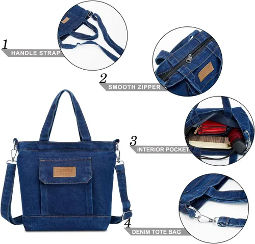 Vista 5 de Bolso de mano pequeño de mezclilla para mujer, bolso de hombro Hobo, bolso de lona casual, bolso cruzado, bolso de gran capacidad