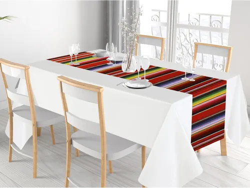 Vista 6 de Remagr 3 manteles de decoración de Cinco de Mayo de 108 x 54 pulgadas, mantel de plástico a rayas para fiesta mexicana, suministros de fiesta Blanco