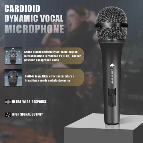 Vista 2 de Micrófono dinámico profesional para cantar micrófono de karaoke con cable de audio XLR de 16 pies a 1/4 pulgadas, micrófono de mano vocal