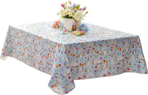 Vista 8 de Newbridge Blue Easter Cotton Tail Bunny Party 52 x 52 inch Square Vinyl Tablecloth with Flannel Backing, Bunny Rabbit, Easter Eggs and Floral Design