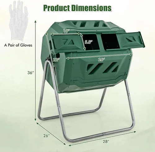 Vista 7 de Goplus Contenedor de compostaje de doble cámara para exteriores de 42 galones con 2 puertas corredizas, marco de metal resistente, compostador