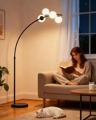 Vista 9 de Lightdot Lámparas de pie regulables doradas y negras de 66 pulgadas con mesa, moderna lámpara alta de pie con pantalla de globo, cabeza