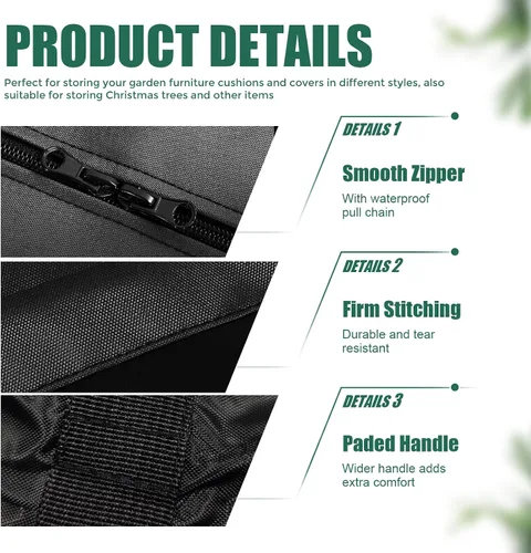 Vista 5 de Bolsa de almacenamiento para cojines de patio, 68 pulgadas, extra grande, impermeable, para exteriores, con cremalleras y asas para muebles
