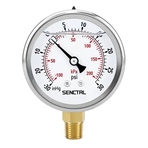 Vista 18 de SENCTRL Medidor de baja presión relleno de líquido de aceite de silicona al vacío de 30 inHg, tamaño de dial de 2.5", montaje inferior NPT de 1/4