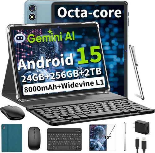 Vista 11 de Tablet Android 15 de 10 pulgadas, tableta 2026 con teclado, 24 GB+256 GB+2 TB expandir, tabletas PC con Gemini AI, Octa-Core, 8000 mAh, WiFi 5G