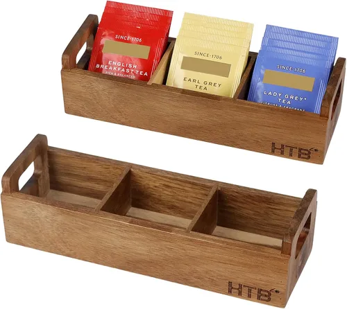 Vista 10 de HTB Caja Pequeña de Bolsitas de Té de Madera, 3 Compartimentos, Cofre de Bolsitas de Té de Madera de Acacia con Asa, Mini Contenedor