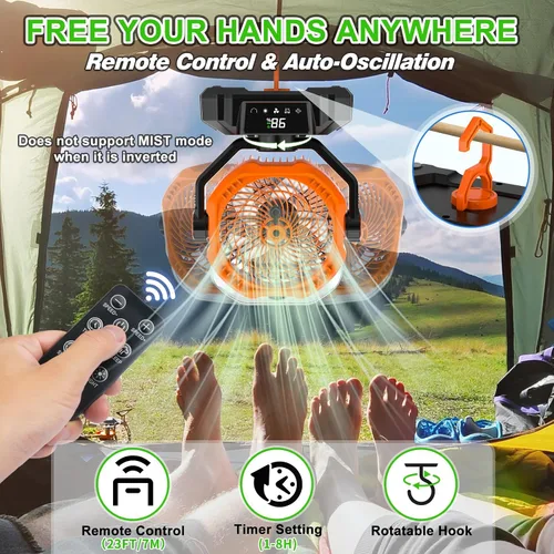 Vista 4 de Ventilador de niebla portátil, ventilador de camping recargable de 20000 mAh con tanque de agua de 12.2 fl oz y linterna LED, 5 velocidades