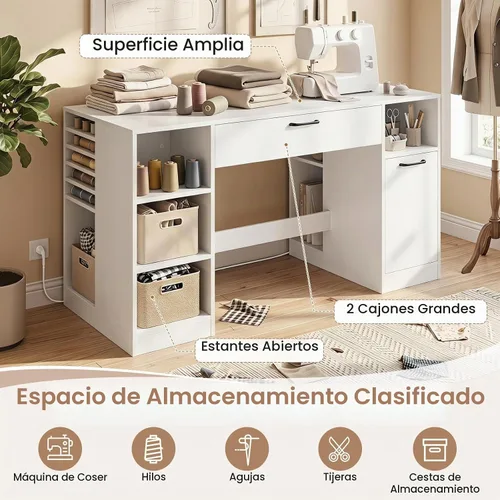 Vista 2 de COSTWAY Sewing Machine Table with Power Outlets, Massive Storage (White)