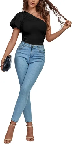 Vista 6 de LYANER Body elegante de manga corta abombada con un hombro descubierto para mujer