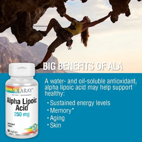 Vista 3 de SOLARAY Ácido alfa lipoico 250 mg - 60 cápsulas vegetales - Actividad antioxidante saludable y apoyo energético - Sin OMG y vegano