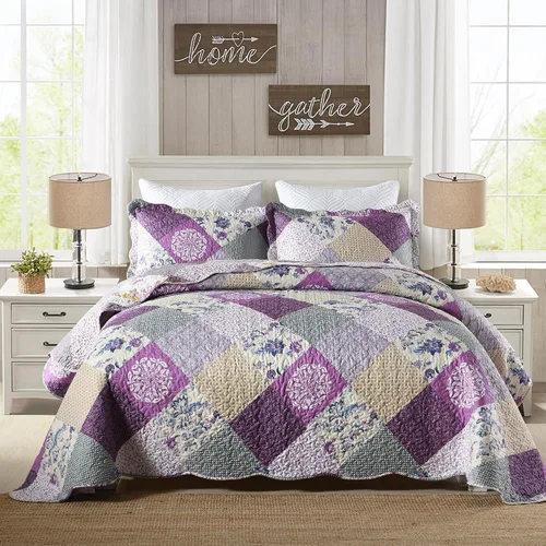 Vista 38 de Juego de cama de dos piezas, tamaño individual, de microfibra, reversible, de retazos, estilo floral, todas las estaciones, patrón de porcelana azul