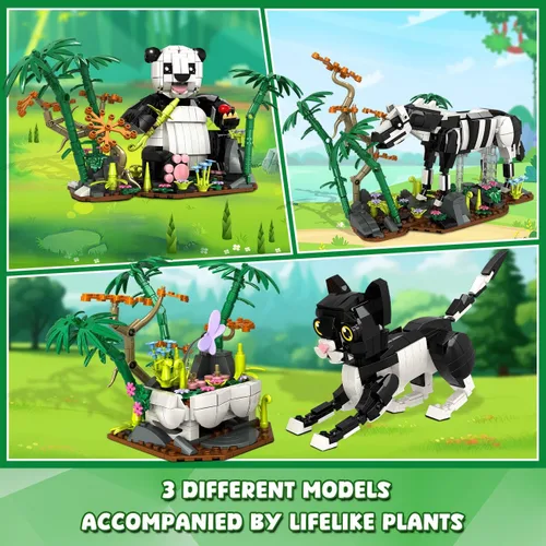 Vista 7 de HiWEEGO Juego de construcción de animales salvajes 3 en 1 - Figuras de animales con 3 opciones de construcción Panda Gato Cebra, juguete de bloques