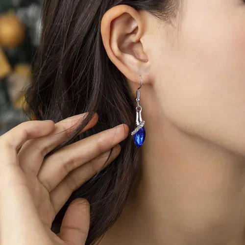 Vista 6 de Aretes colgantes de zafiro azul vintage, aretes de cristal de lágrima azul, aretes de gota de cristal de zafiro, aretes de gancho de topacio
