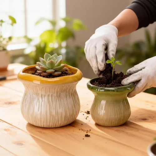 Vista 3 de Paquete de 2 macetas de cerámica con orificio de drenaje, macetas texturizadas de dos tonos para plantas de interior y exterior, pequeñas macetas