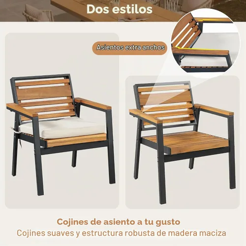 Vista 7 de Juego de comedor de patio al aire libre de 7 piezas, madera de acacia con marco de hierro, mesa rectangular para todo tipo de clima y 6 sillas