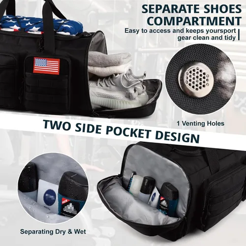 Vista 7 de Bolsa táctica de gimnasio para hombres, 50L grande 3 en 1 bolsa deportiva con compartimento para zapatos para viajes, mochila de viaje resistente al