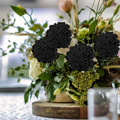 Vista 2 de Flores artificiales, 25 piezas, rosas artificiales realistas para ramos de novia, centros de mesa, arreglos, flores de Dalia negras con tallo