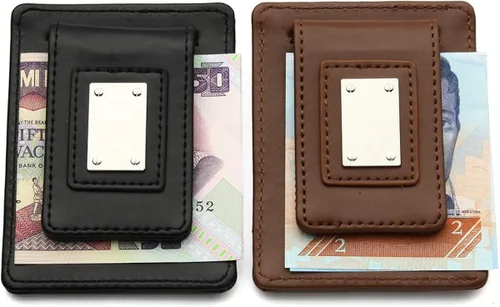 Vista 3 de Cartera de piel personalizada 2 en 1 con clip de dinero para hombres, regalo del día del padre, clip magnético para identificación y ranuras