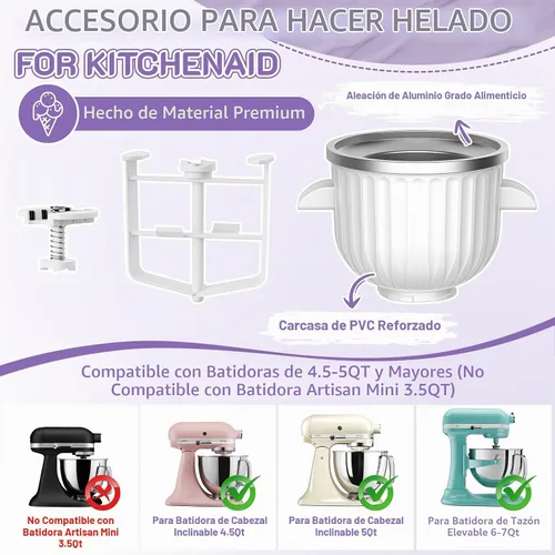 Vista 4 de Accesorio para máquina de helados KitchenAid para batidora de pie, se adapta a mezcladores KitchenAid de 4.5 cuartos de galón y más grandes, tazón
