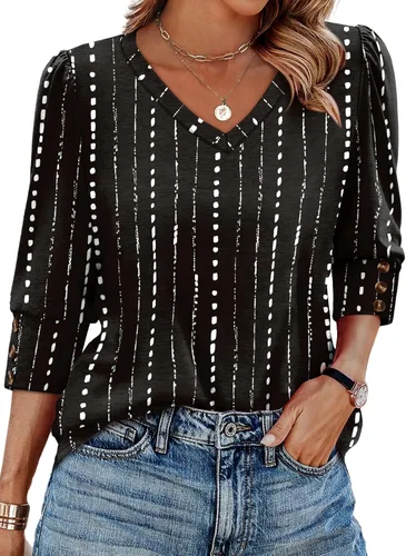 Vista 27 de XIEERDUO - Blusas de manga 3/4 para mujer, cuello en V, con botones, estilo A-blanco