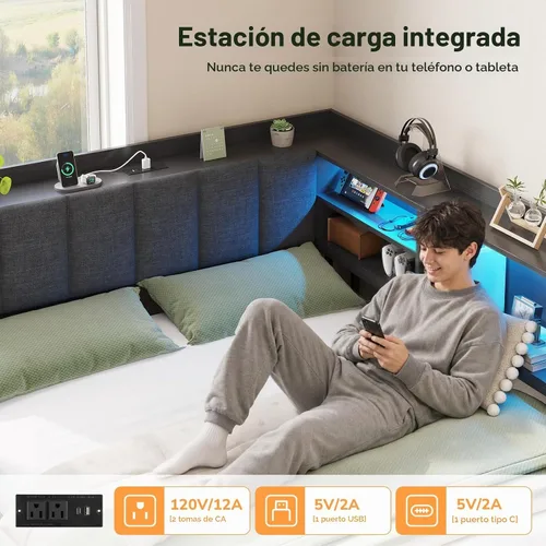 Vista 6 de Marco de cama matrimonial esquinero con 3 cajones, estantería y cabecero de Negro