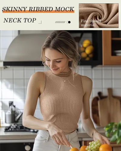 Vista 4 de Paquete de 3 camisetas sin mangas con cuello alto falso para mujer, acanaladas, elásticas, ajustadas, básicas, ligeras, bustier
